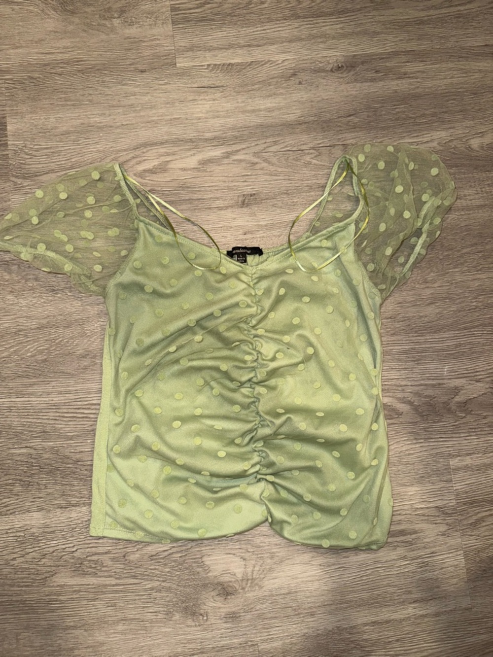 Sheer Polka Dot Ruched Top - Light Green